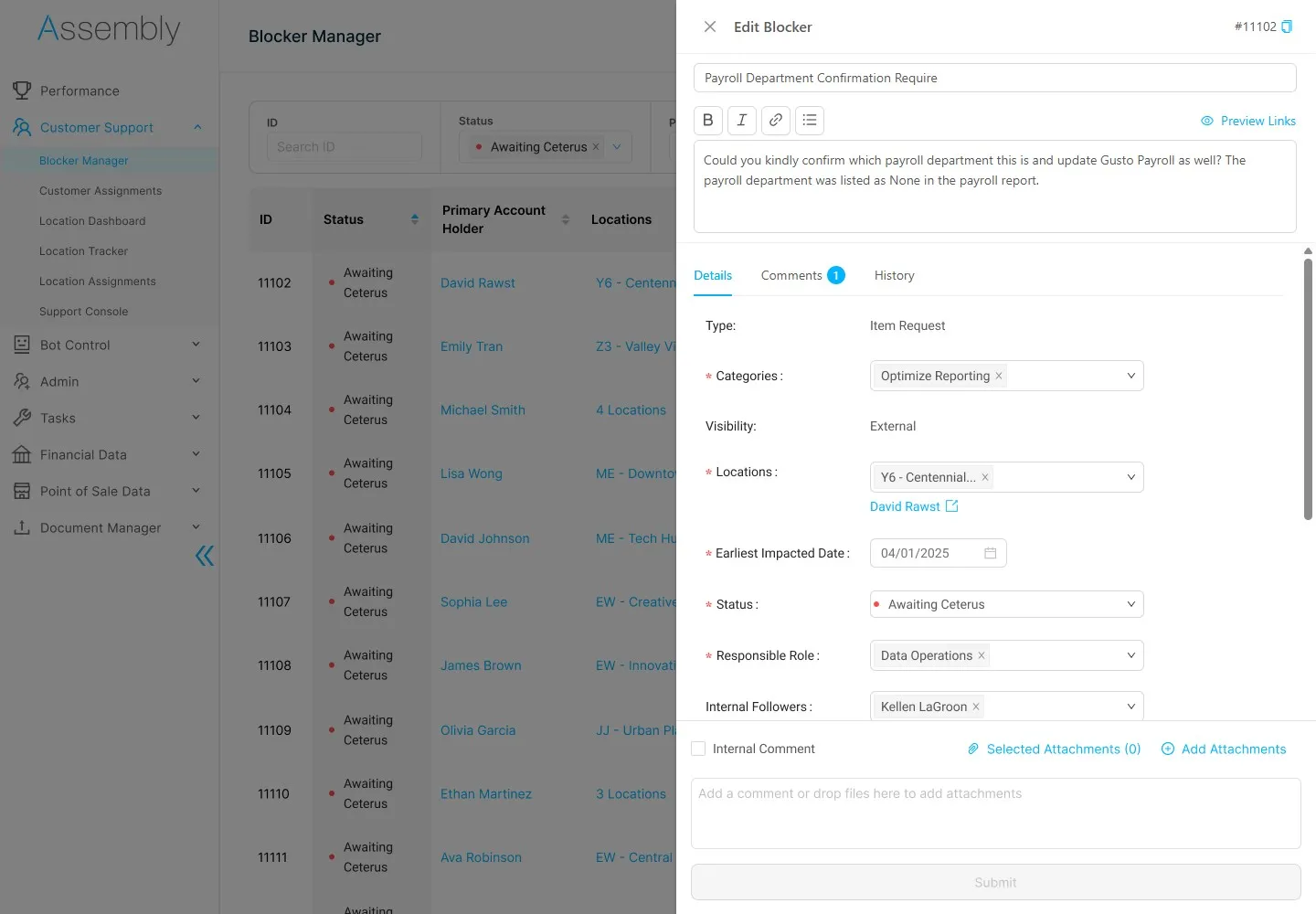 Blockers presenting customer action items in process-targeted segments